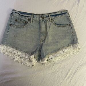 Free People Blue and White Jean Shorts with Lace Trim W/27